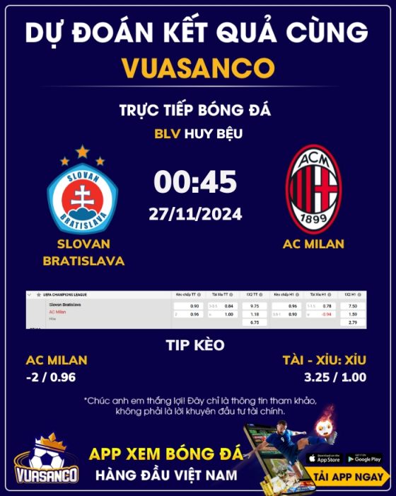 Soi kèo Slovan Bratislava vs AC Milan – 00h45 – 27/11 – Champions League