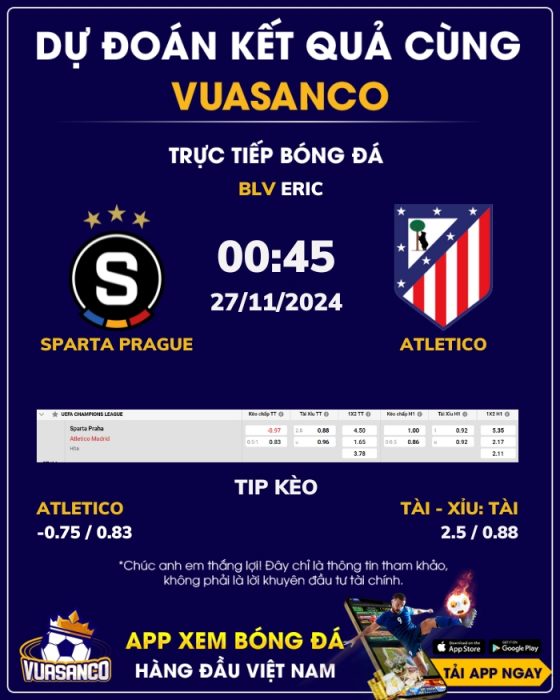 Soi kèo Sparta Prague vs Atletico Madrid – 00h45 – 27/11 – Champions League